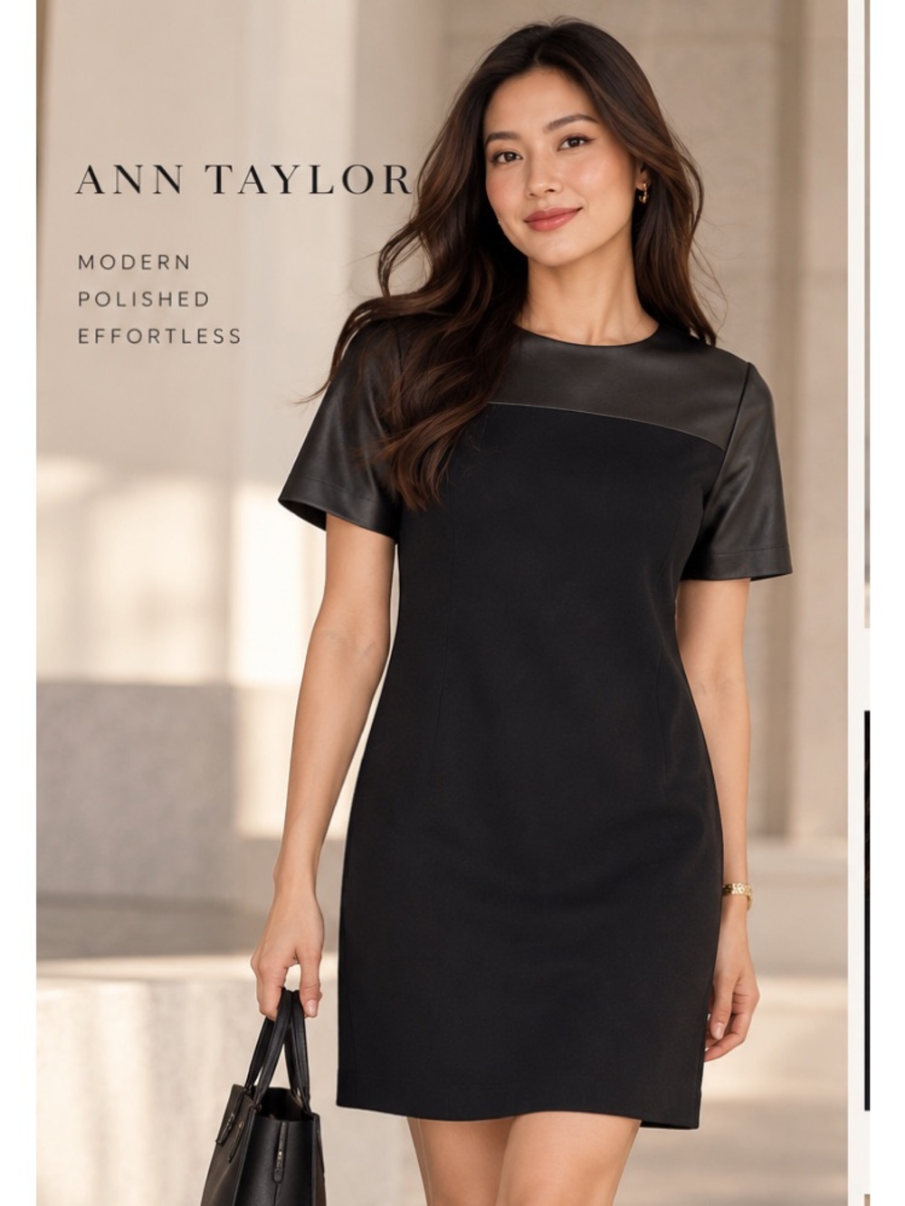 Ann Taylor 00p Classic Black Short-Sleeve leather Shift Dress